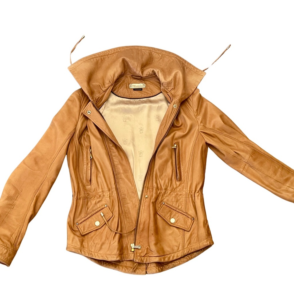 Massimo Dutti Tan Leather Jacket with Feminine Fit / Small Size